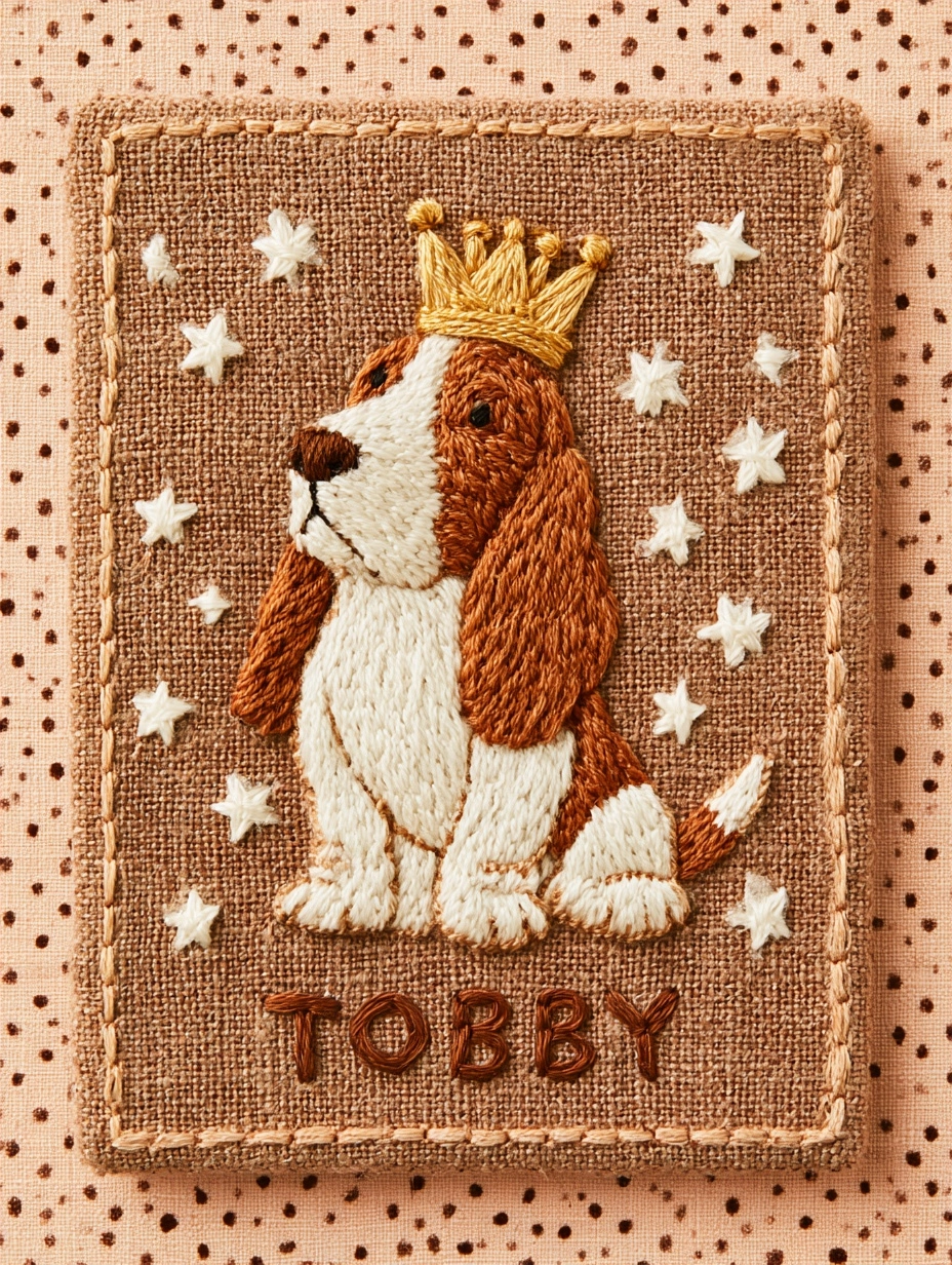 a textile art piece with a children's book illustration style. a brown and white embroidered dog, po