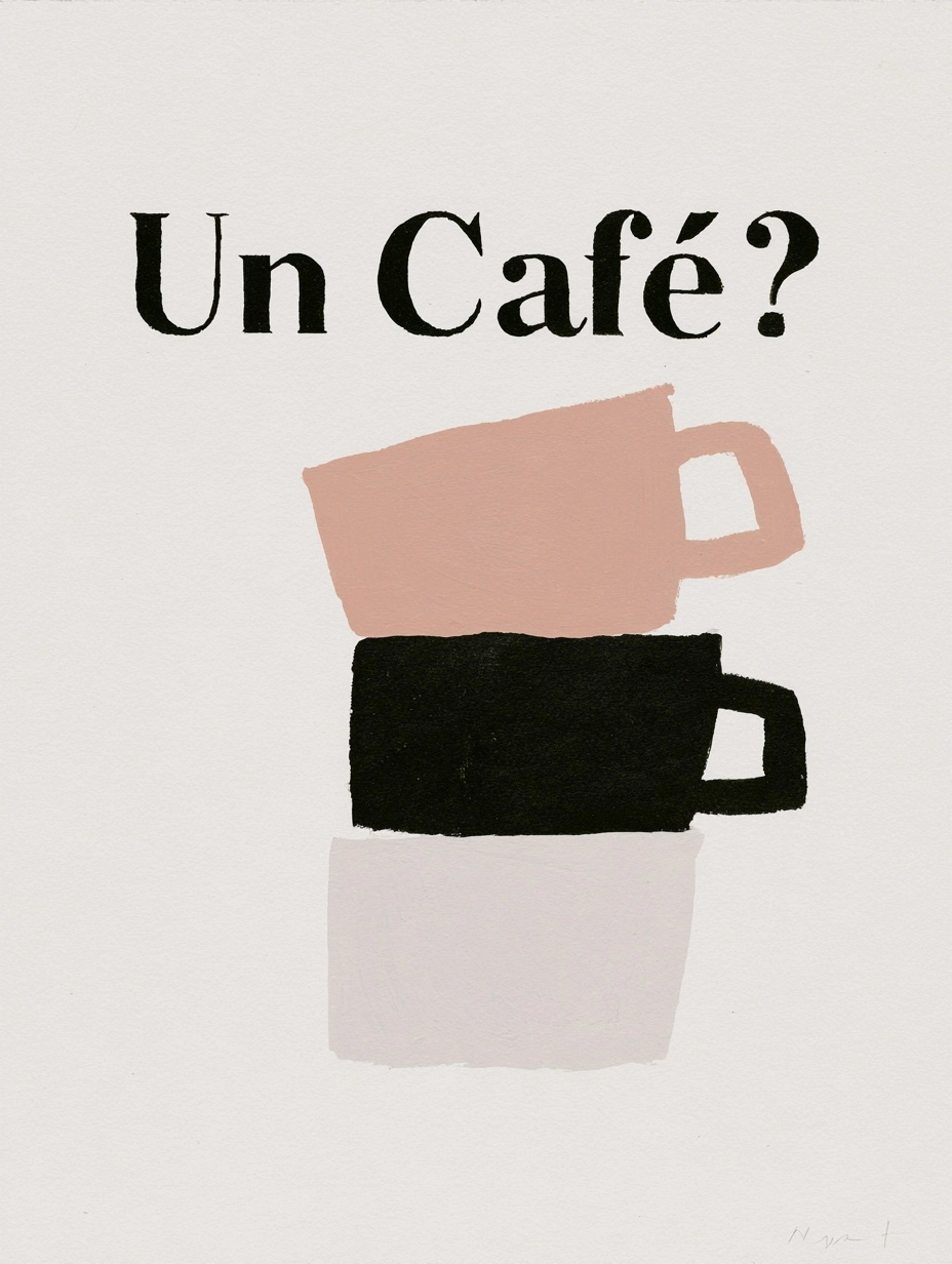 A stack of mugs and the words "Un Café?"