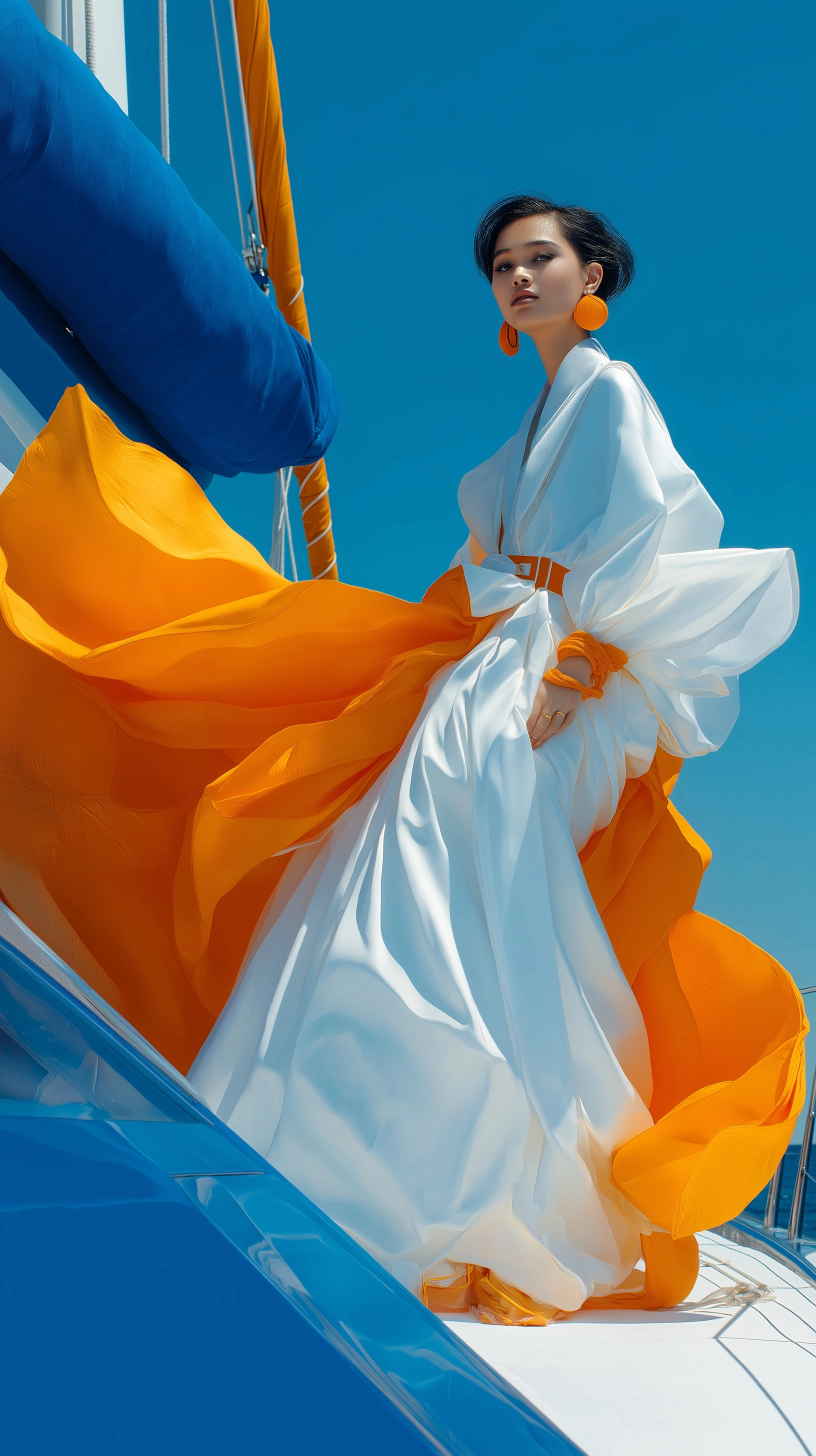 Ultra-luxury fashion shoot for a high-end men’s magazine: A minimalist luxury yacht with an ORANGE-B