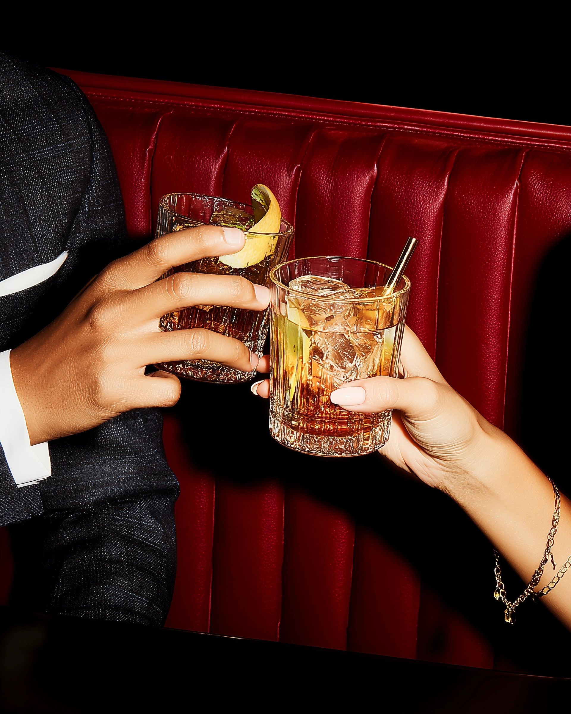 Ultra-realistic cinematic nightlife photograph, close-up of one masculine hand and one feminine hand