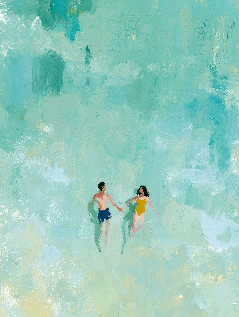 A minimalist editorial illustration of a couple floating side by side in vast calm ocean water, hold