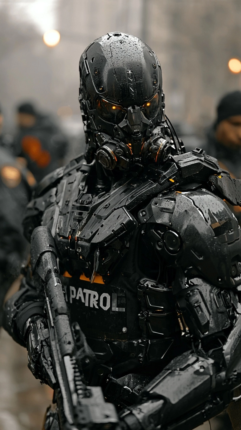 An editorial photo of a cyborg highway patrol officer, hazy atmosphere, wet ground, limited visibili