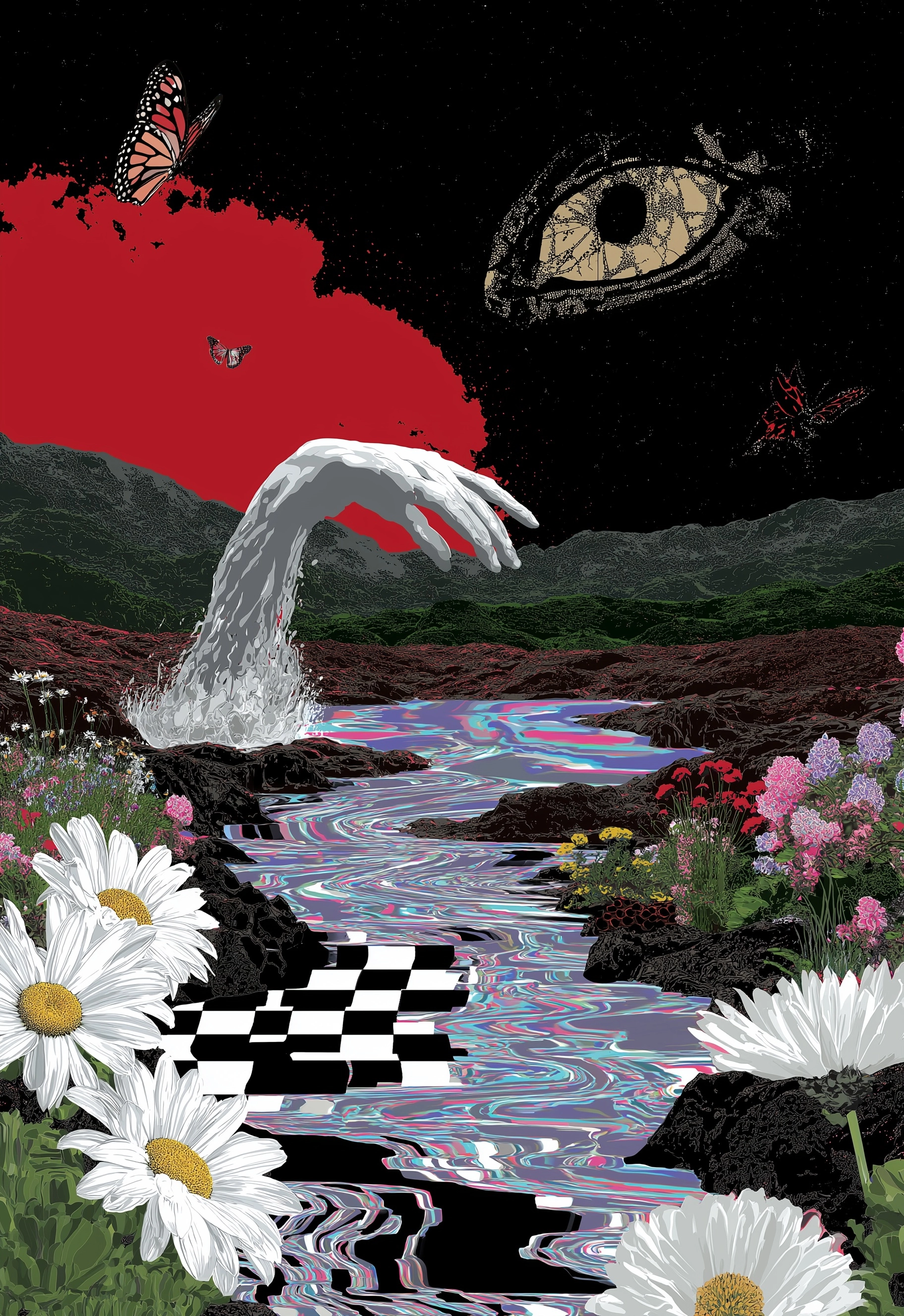 The concept of reincarnation, glitches, colourful, distorted, vibrant , blue shapes, Symbolism