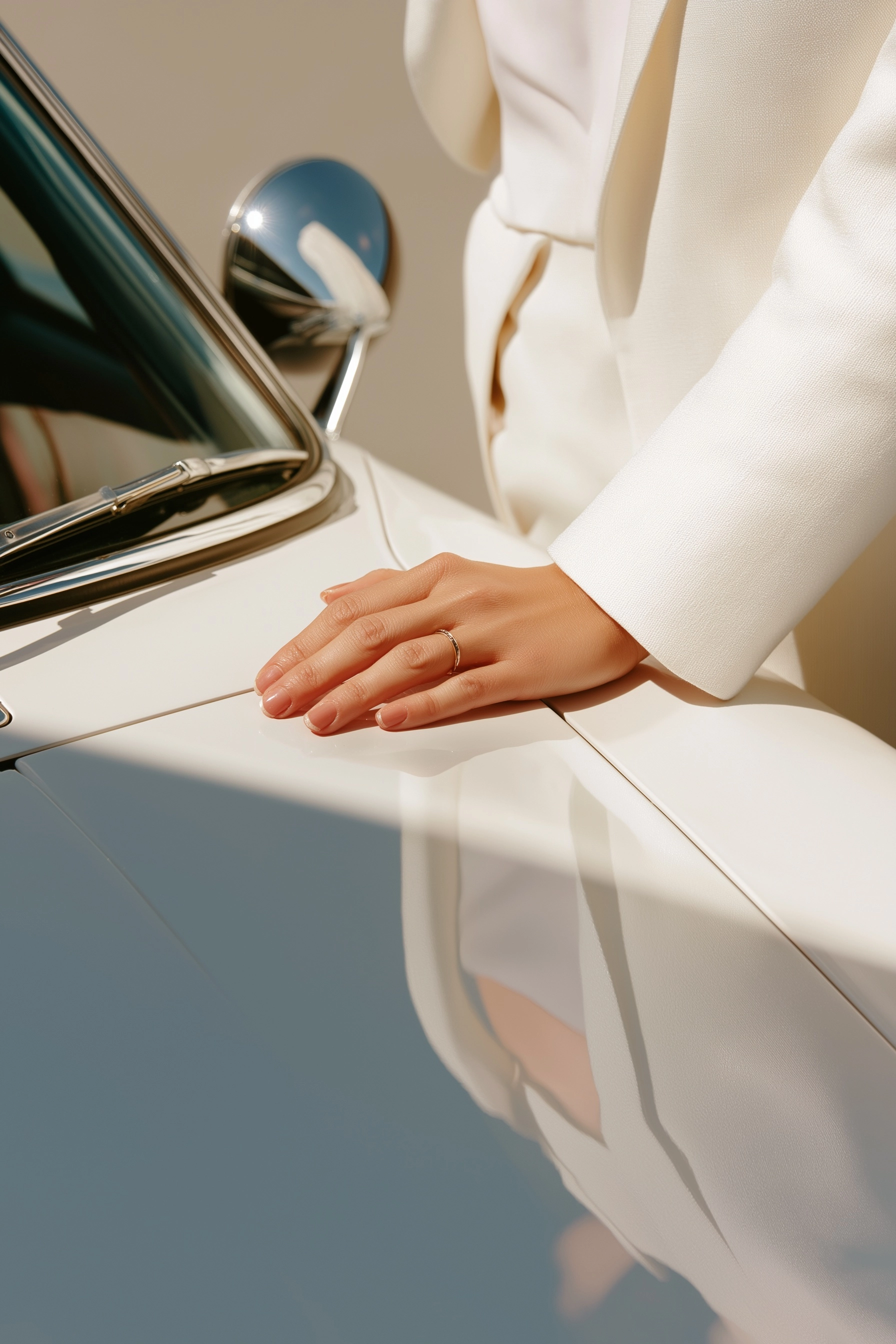 A detailed close-up shot of an elegant woman's hand, wearing the identical well-tailored *pure white
