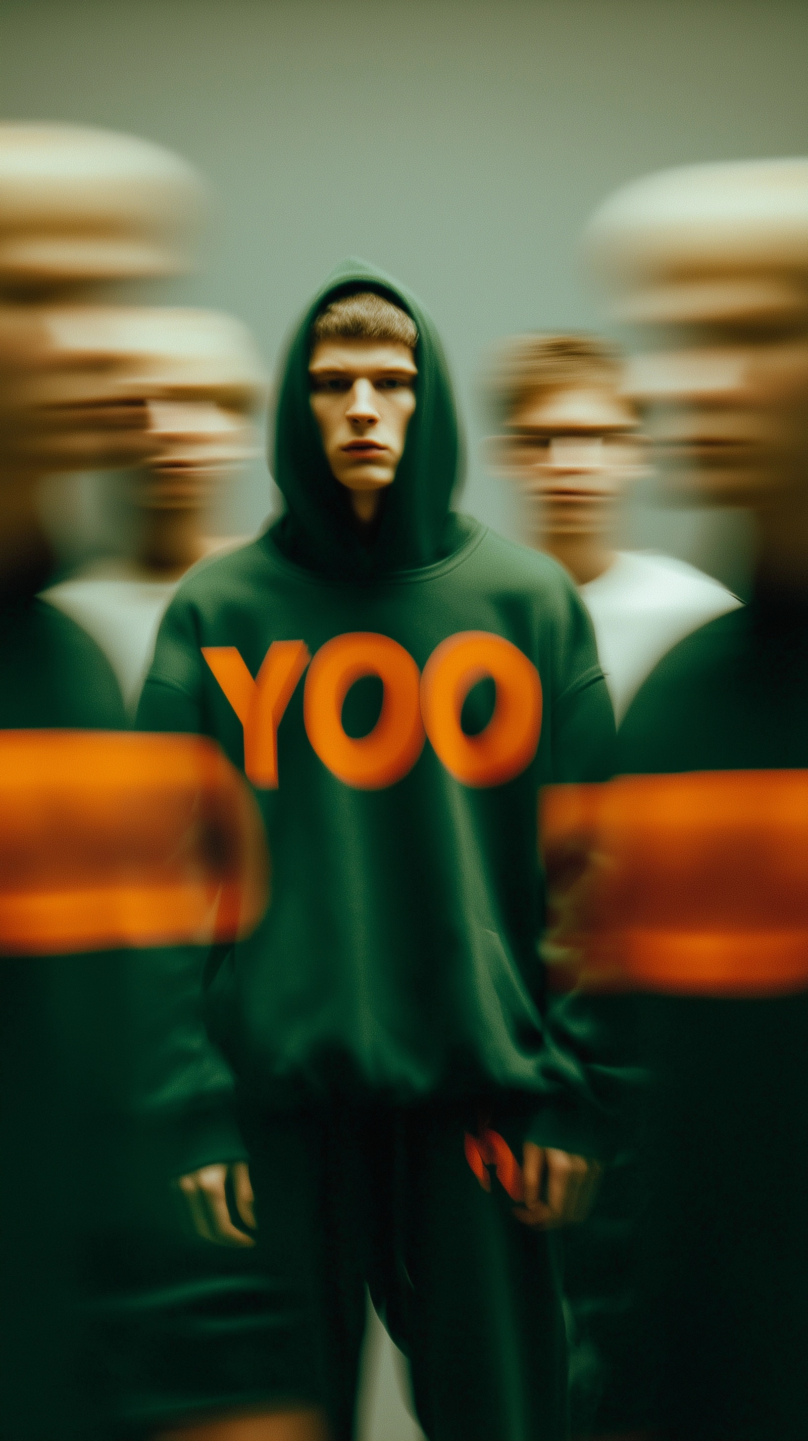 photograph of men model standing still while blurred figures move around them,wearing forest green s