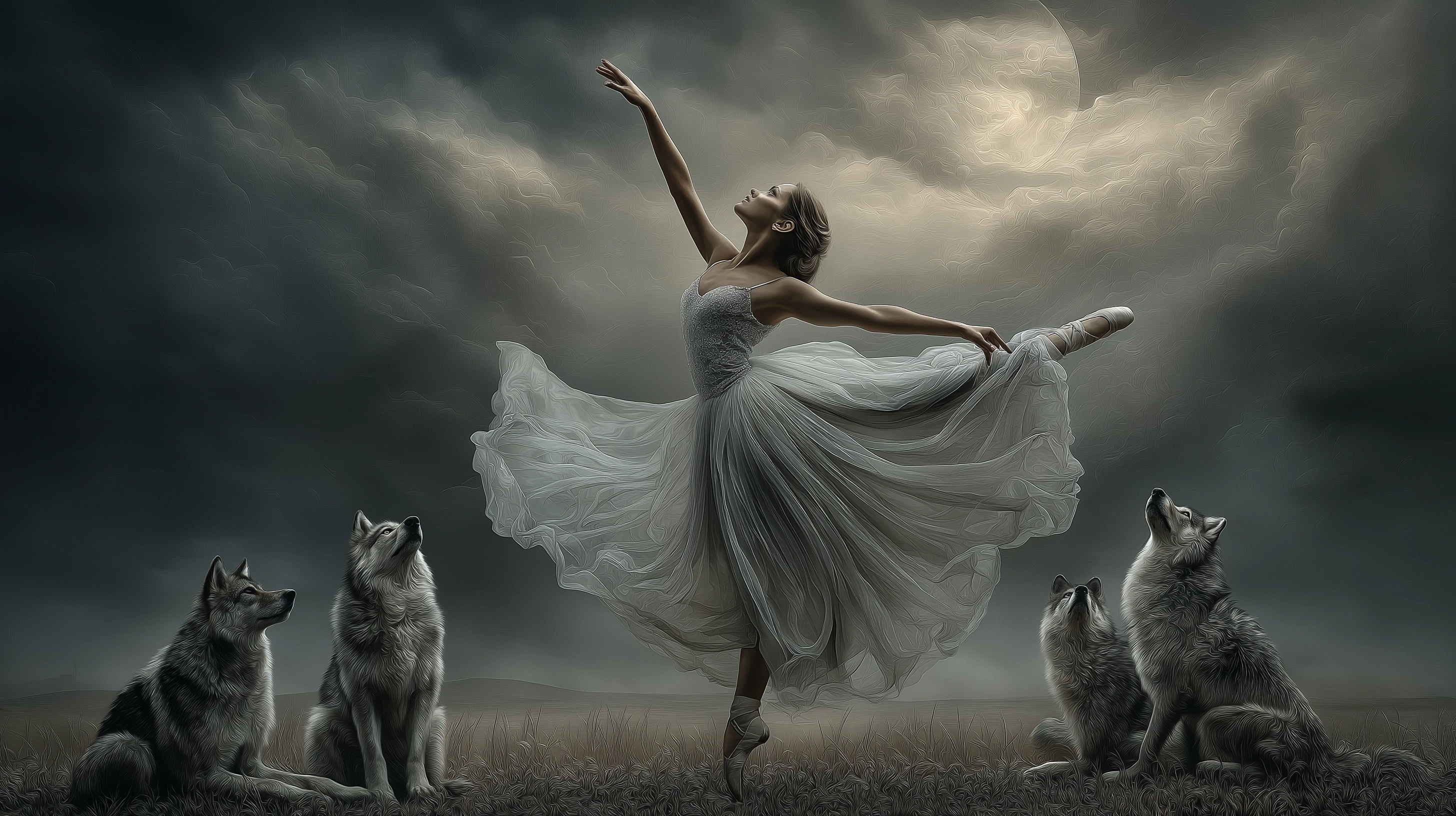 A ballerina dressed in a flowing white costume performs in the center of an open field at night, poi