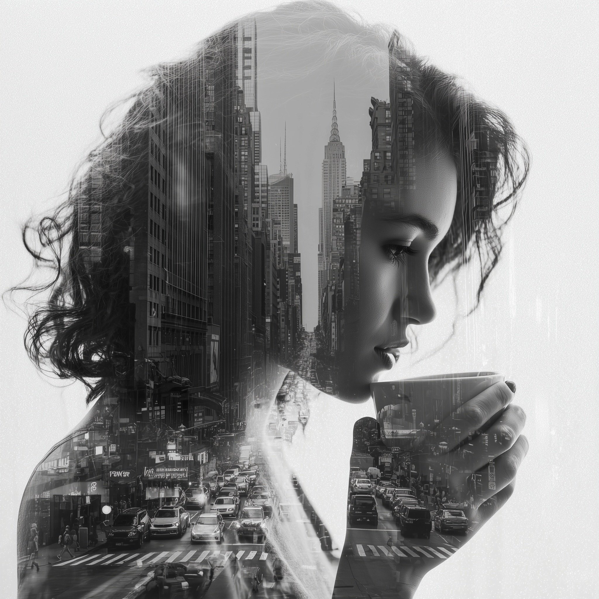 black-and-white photograph of a woman's drinking coffee with a double exposure of a cityscape. busy