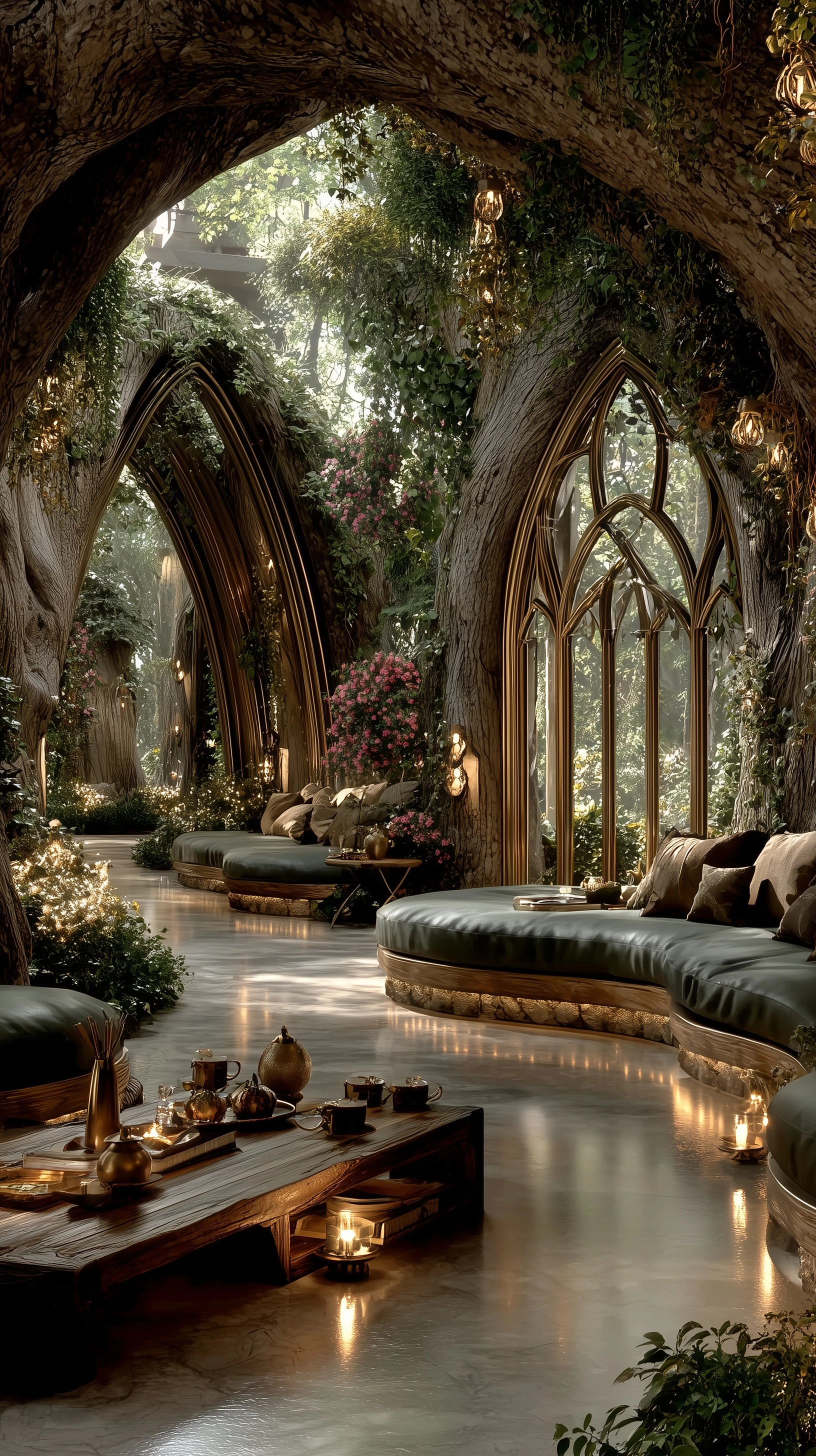 Hyper-realistic ultra-wide cinematic interior shot of a sunlit living space that blends seamlessly i