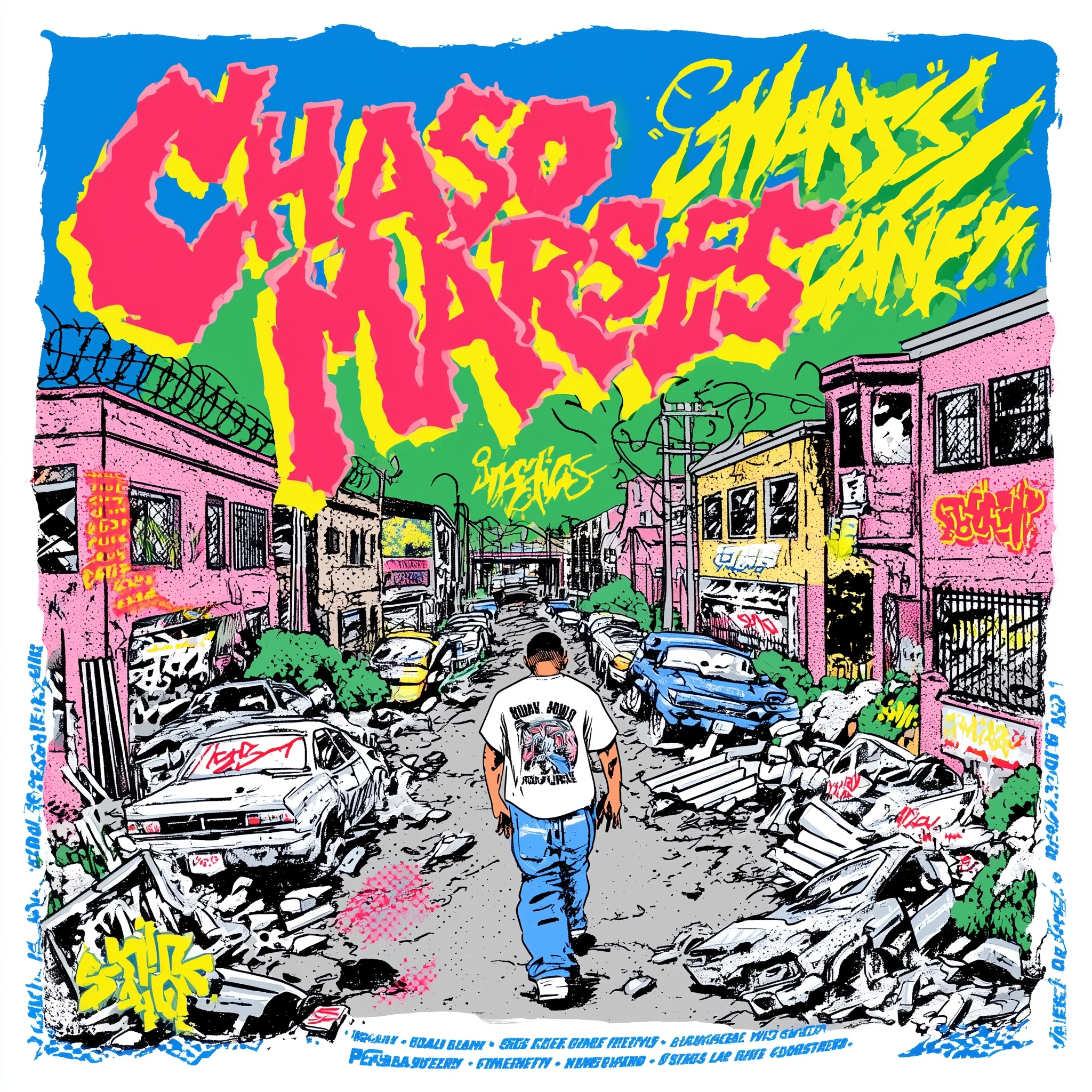 Chicano lowrider-inspired street poster illustration of a chaotic urban street, boarded-up buildings